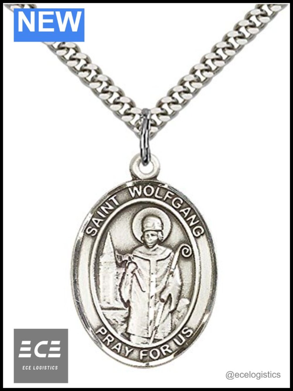 Sterling Silver St. Wolfgang Pendant Necklace 24" Stainless Steel Curb Chain